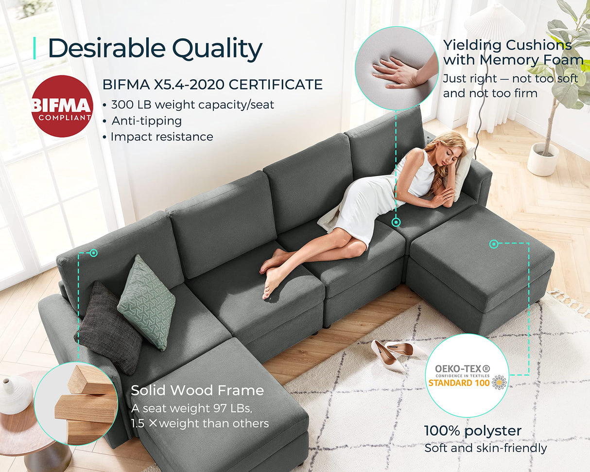 LINSY HOME Modular Sectional Sofa, Convertible U Shaped Sofa Couch with Storage, Memory Foam, Modular Sectionals with Ottomans, 6 Seat Sofa Couch with Chaise for Living Room, Dark Grey LINSY HOME