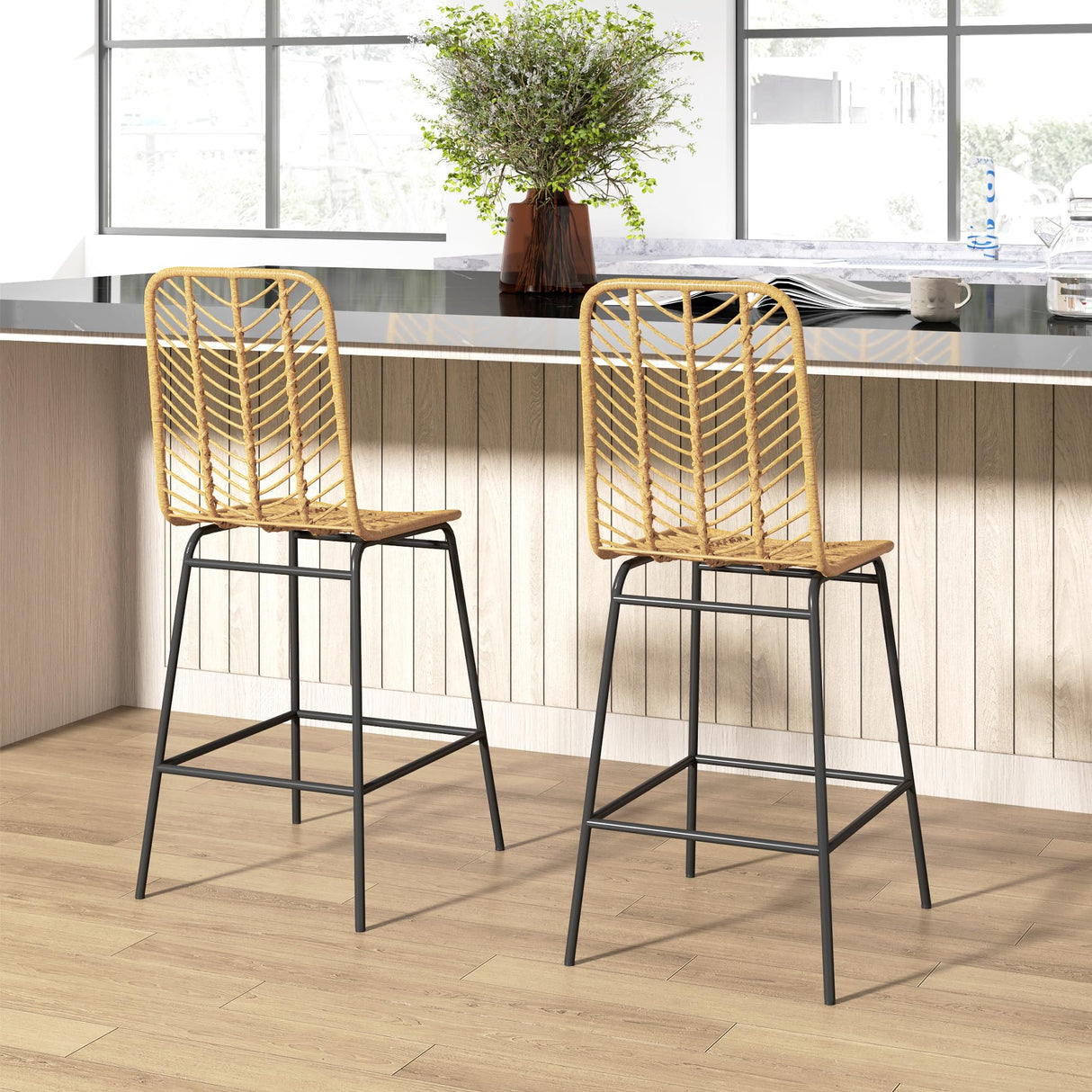 HOMCOM Rattan Bar Stools Set of 2, 26" Counter Height Barstools, Boho Kitchen Island Stools with Breathable Wicker Seat and Back, Yellow HOMCOM
