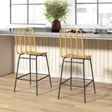 HOMCOM Rattan Bar Stools Set of 2, 26" Counter Height Barstools, Boho Kitchen Island Stools with Breathable Wicker Seat and Back, Yellow HOMCOM