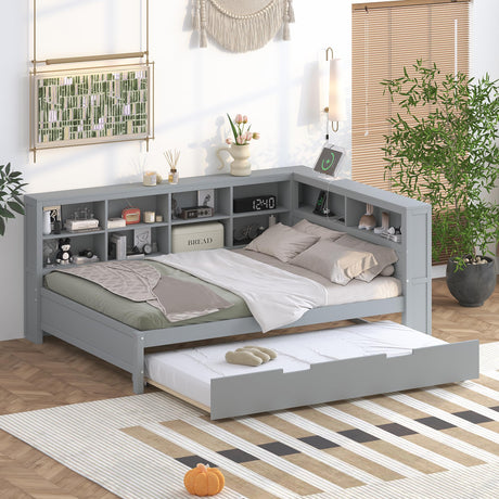 Merax Full Size Day Bed with Twin Trundle, Wooden DayBed with Storage Shelf and USB Charging Ports, Full Corner Bed Frame,Grey Merax