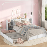 Queen Size Storage Bed with Trundle, Wood Platform Bed Frame with Storage Shelves Headboard and Twin Size Trundle Bed, Wooden Queen Beds for Kids Boys Girls Teens, White Bellemave