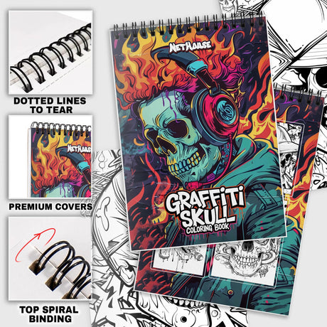 NETHOUSE Graffiti Skull Spiral Coloring Book for Adults Relaxation & Stress Relief, 30 Coloring Pages of Bold Skull Designs, Urban Graffiti Art, Dark, Creepy, Horror Illustrations, Street Art Styles NETHOUSE