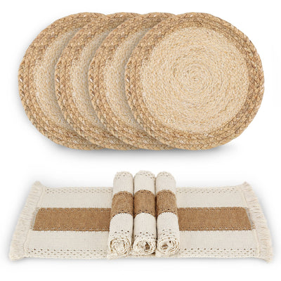 Zology Handmade Boho Placemats Set of 4 - Natural Cotton Burlap and Water Straw Woven Combination Table Mats, Macrame Décor and Farmhouse Style Placemats, for Dining Table Kitchen