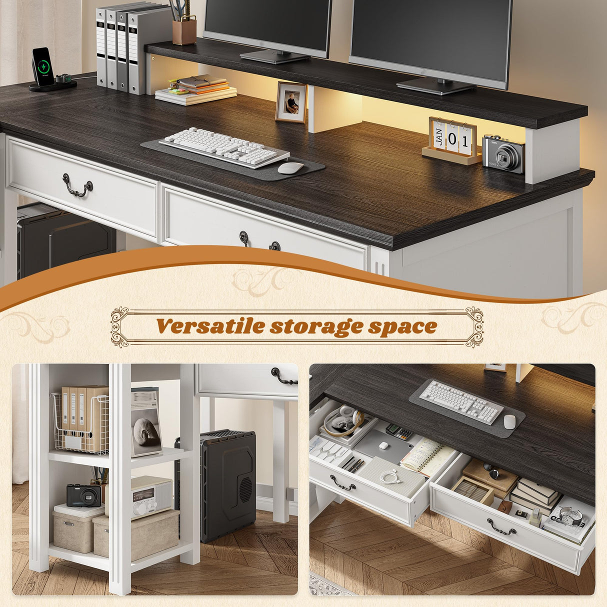 EnHomee 55" Computer Desk, L Shaped Desk with Drawers, Office Desk with Long Monitor Stand, Farmhouse Desk with Power Outlets & LED Lights, Home Office Desks for Bedroom with Storage Shelves EnHomee