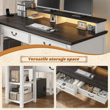 EnHomee 55" Computer Desk, L Shaped Desk with Drawers, Office Desk with Long Monitor Stand, Farmhouse Desk with Power Outlets & LED Lights, Home Office Desks for Bedroom with Storage Shelves EnHomee