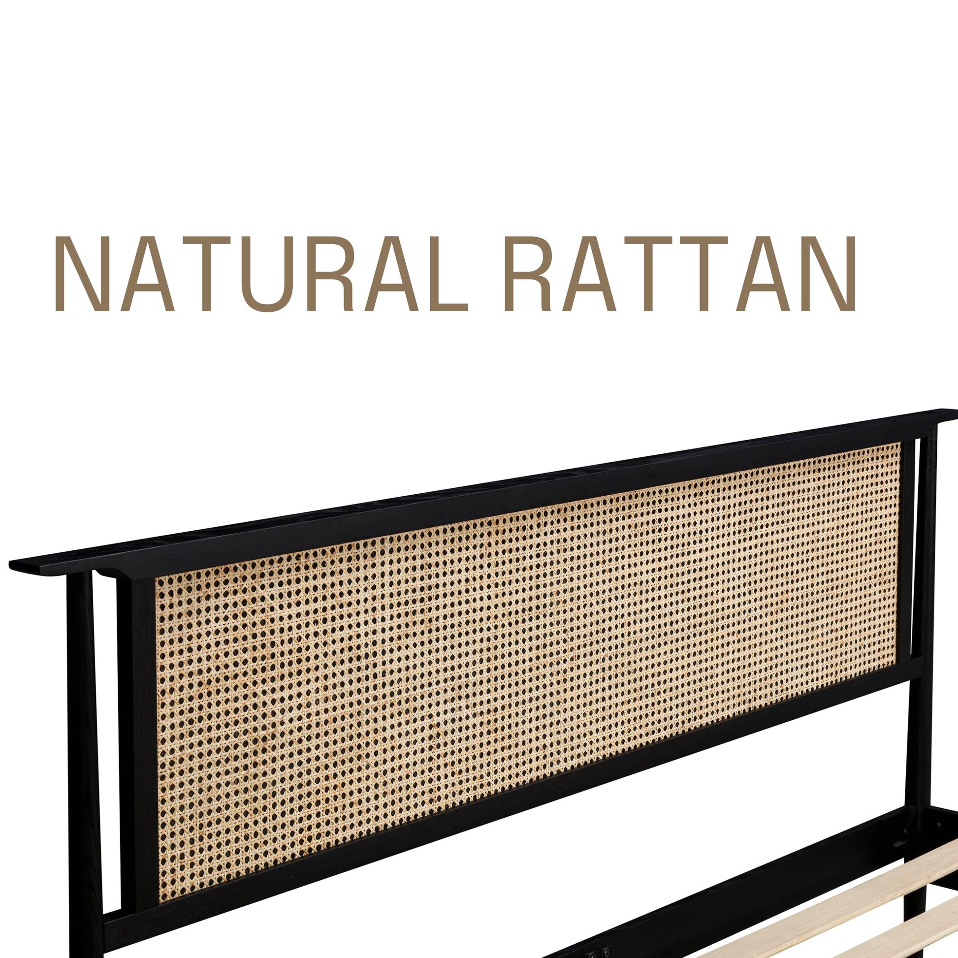 NTC Ruby Queen Bed Frame with Natural Rattan and Solid Oak, Effortless Assembly, Silent Slats - Burnt Black - WoodArtSupply