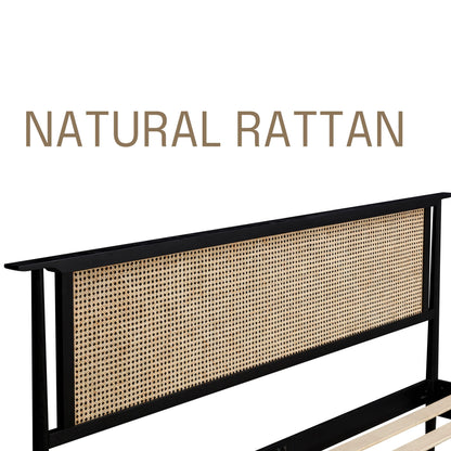 NTC Ruby Queen Bed Frame with Natural Rattan and Solid Oak, Effortless Assembly, Silent Slats - Burnt Black - WoodArtSupply