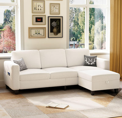 Lonkwa Sectional Sofa Couches for Living Room, 78'' Beige 3 Seater L-Shaped Couch with Storage Ottoman, Comfy Fabric Convertible Sectionals Sofas with Chaise for Apartment, Office, Small Space