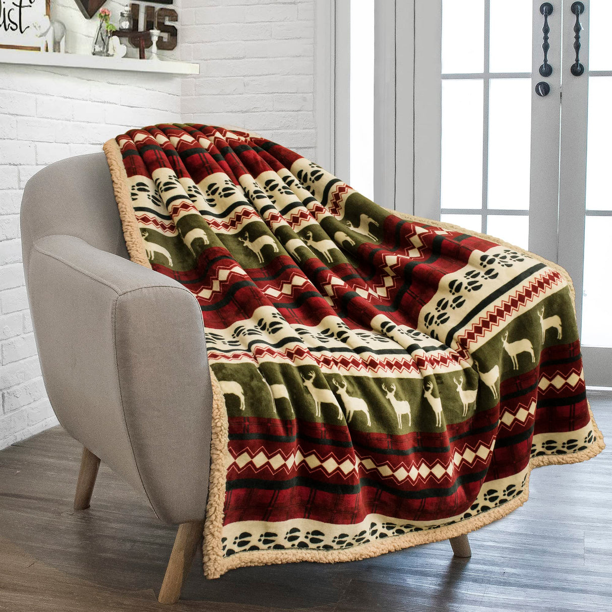 PAVILIA Premium Christmas Blanket Sherpa Fleece Throw| Plush Christmas Decoration, Reindeer, Cozy Reversible Winter Holiday Cabin Blanket for Sofa Couch 50x60 PAVILIA