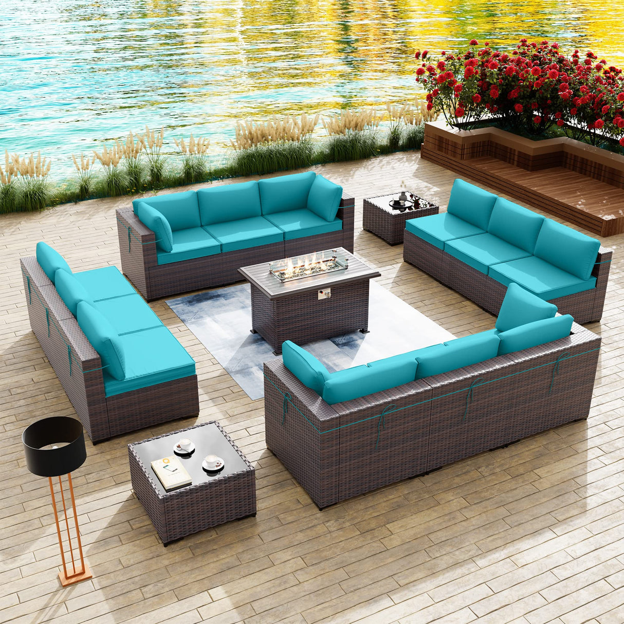 Kullavik 15 Pieces Outdoor Patio Furniture Set with 43" Gas Propane Fire Pit Table PE Wicker Rattan Sectional Sofa Patio Conversation Sets,Blue Cushions Kullavik