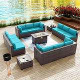 Kullavik 15 Pieces Outdoor Patio Furniture Set with 43" Gas Propane Fire Pit Table PE Wicker Rattan Sectional Sofa Patio Conversation Sets,Blue Cushions Kullavik