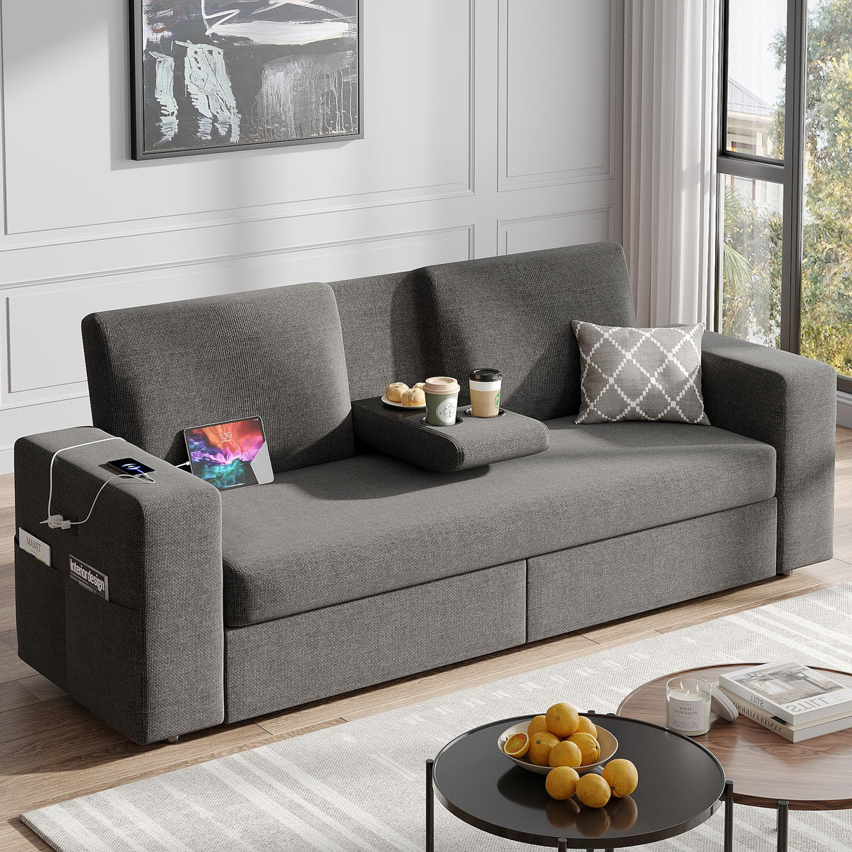 Maupvit 75” Loveseat Sofa with 2 Drawers, USB & Type-C Charging Port, Comfortable Linen Living Room Couch with Small Table Board, Upholstered Small Settee Fits Bedroom, Office, Grey Maupvit