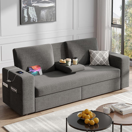 Maupvit 75” Loveseat Sofa with 2 Drawers, USB & Type-C Charging Port, Comfortable Linen Living Room Couch with Small Table Board, Upholstered Small Settee Fits Bedroom, Office, Grey Maupvit