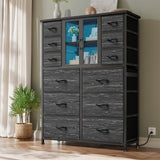 EnHomee Tall Dresser for Bedroom with 12 Drawer Dressers & Chests of Drawers for Closet with Charging Station & LED Lights & Mesh Door Sturdy Black Dresser with Wooden Top and Metal Frame EnHomee
