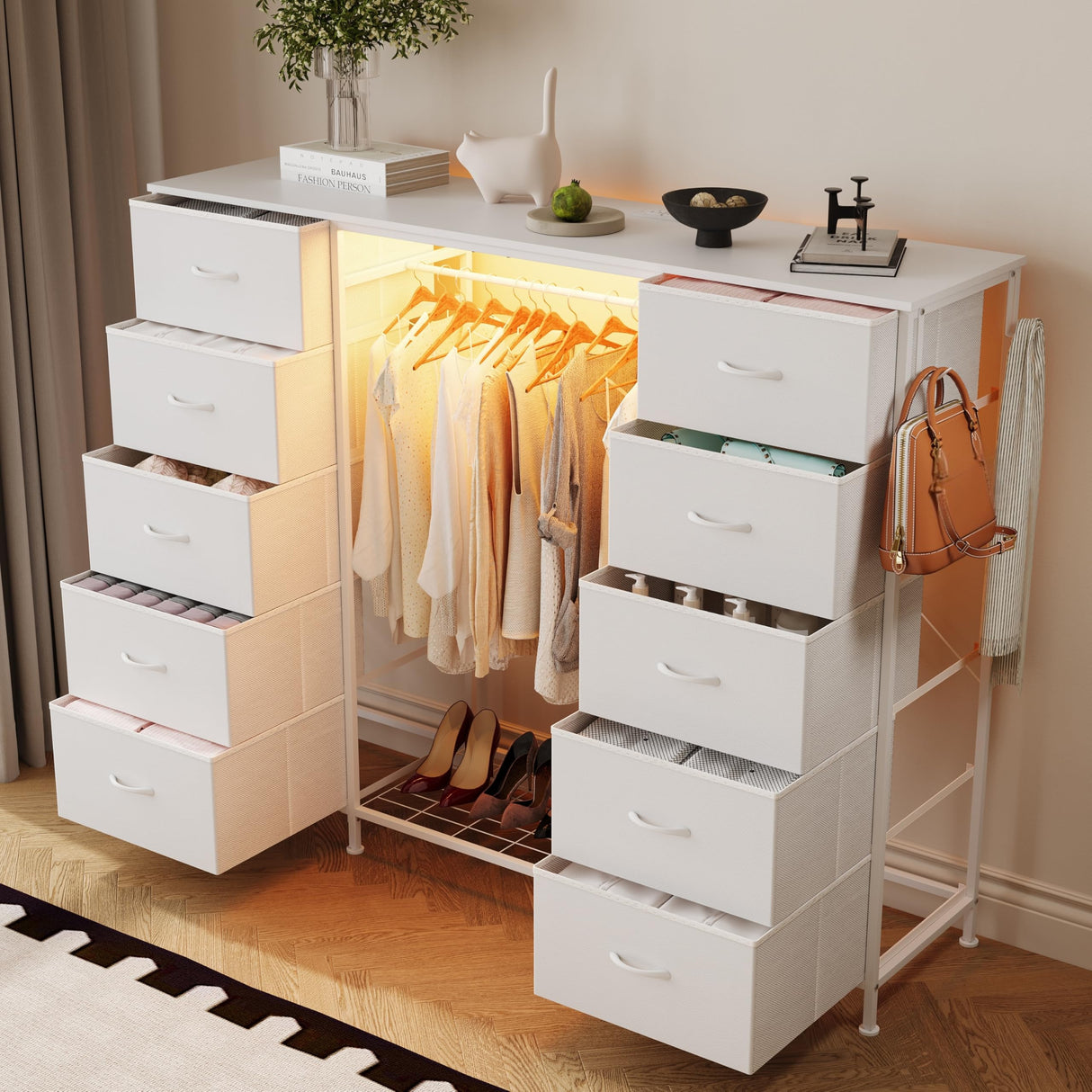 LUMTOK 55" W 2-in-1 Dresser with Hanging Rack, 10 Drawers Dresser for Bedroom, White Drawer Dressers with LED Lights, Charging Station and Hanging Racks for Bedroom LUMTOK