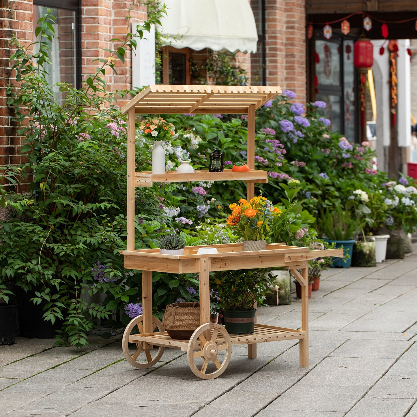 Antique Solid Wood Decor Display Rack Cart Wood Plant Stands with Wheels for Decor Display | 2 Wheeled Wood Wagon with Shelves for Plants and More - WoodArtSupply