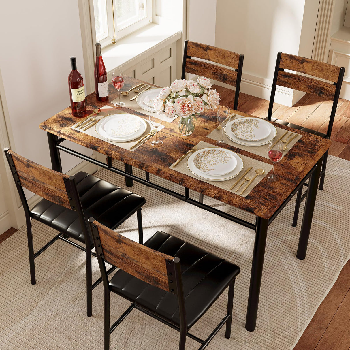 IRONCK Dining Table Set for 4, Wood Kitchen Table with Upholstered Chairs Dinning Table Set for Kitchen & Dining Room, Compact Dining Set for Small Spaces, Rustic Brown IRONCK