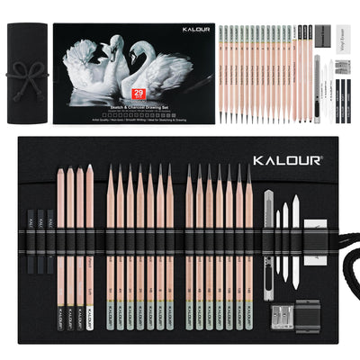 KALOUR 29 Pro Sketching Drawing Pencils Set with Roll-Up Nylon Case – 14 Graphite Pencils (14B–5H), Charcoal Pencils, Erasers, Sharpener & Stumps – Complete Art Kit for Artists & Beginner
