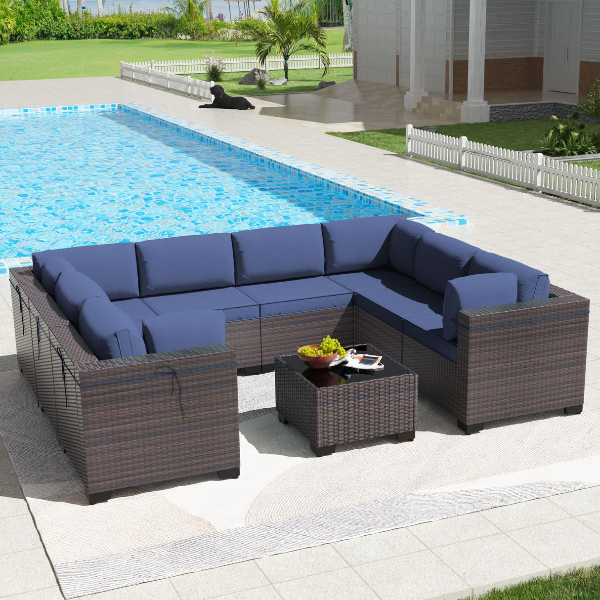 Kullavik 9PCS Outdoor Patio Furniture Set PE Wicker Rattan Sectional Sofa Patio Conversation Sets,Navy blue Kullavik