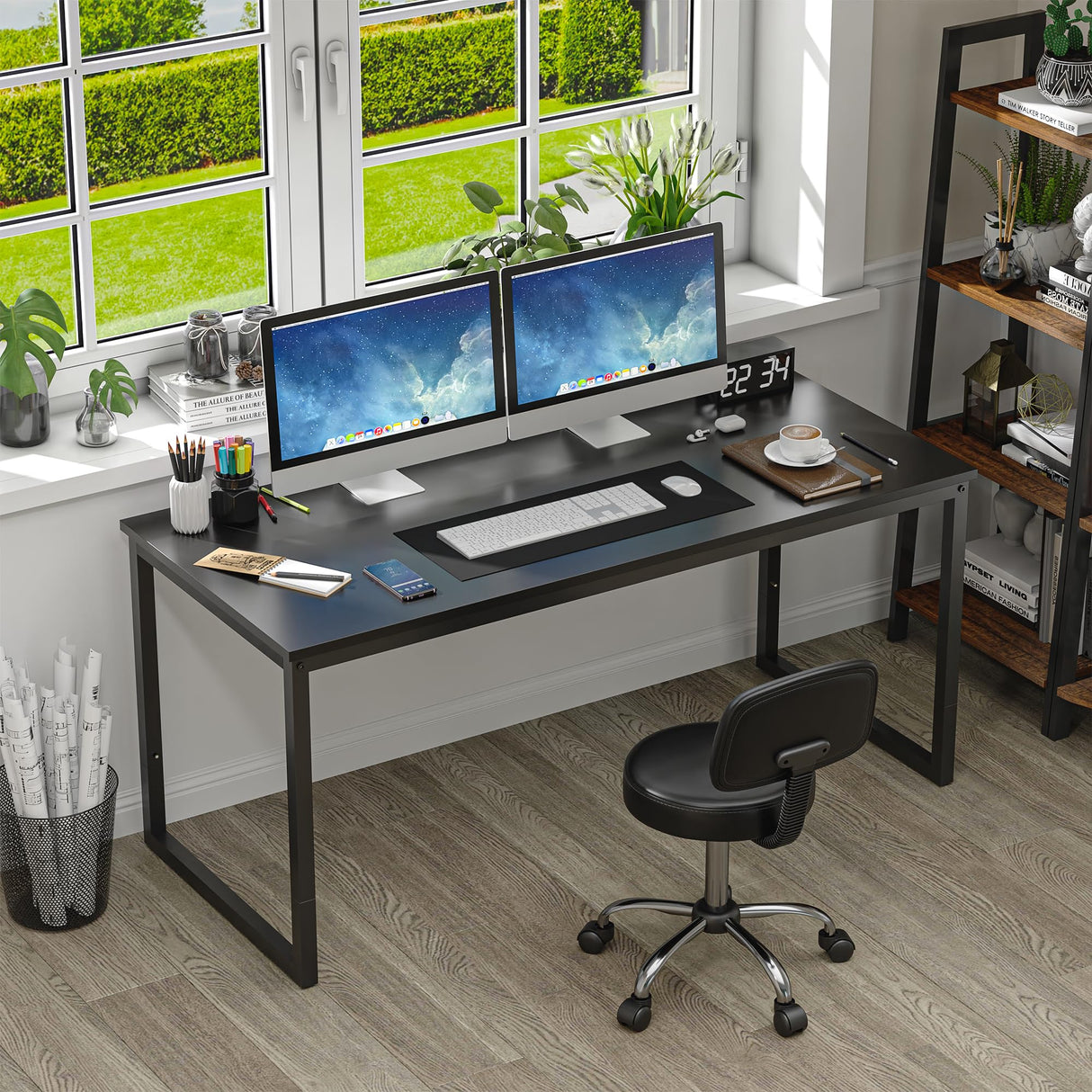 SUPER DEAL Computer Desk 55 Inch Modern Sturdy Office Desk PC Laptop Notebook Simple Writing Table for Home Office Workstation, Black SUPER DEAL