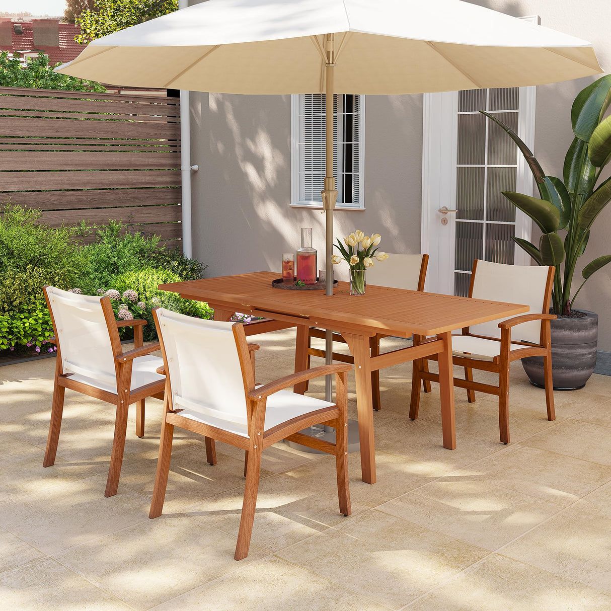 OC Orange-Casual Patio Furniture Set, Acacia Wood Patio Dining Set for 6-8, Outdoor Expandable Table and Chairs Set with Umbrella Hole and Breathable Textilene Fabric for Garden (White, 5 Pieces) OC Orange-Casual