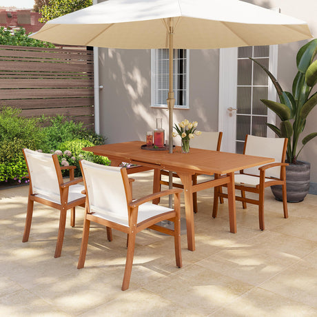 OC Orange-Casual Patio Furniture Set, Acacia Wood Patio Dining Set for 6-8, Outdoor Expandable Table and Chairs Set with Umbrella Hole and Breathable Textilene Fabric for Garden (White, 5 Pieces) OC Orange-Casual