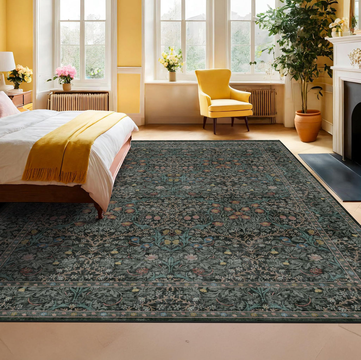 Vintage Dark Green Living Room Rug, 8x10 Washable Area Rugs for Dining Room Under Kitchen Table, Bedroom, Oriental Low Pile Stain Resistant Non-Slip Large Carpet (8x10 Dark Green) Hazo Haus