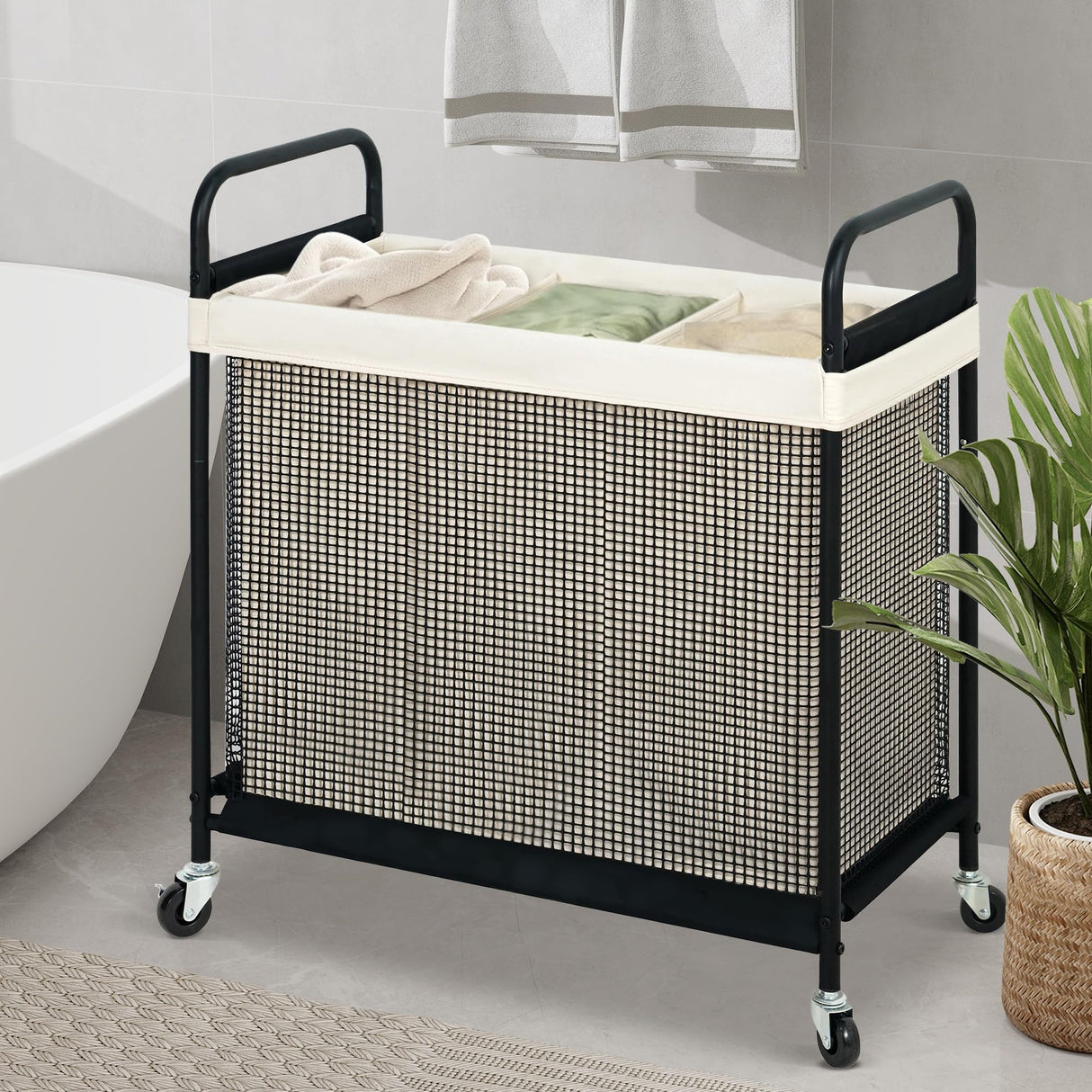 STO STO Laundry Hamper 3 Section, 120L Rolling Laundry Sorter Cart with Removable and Washable Liner Bag, Rolling Clothes Hamper with Metal Handle for Laundry Room and Bedroom STO STO