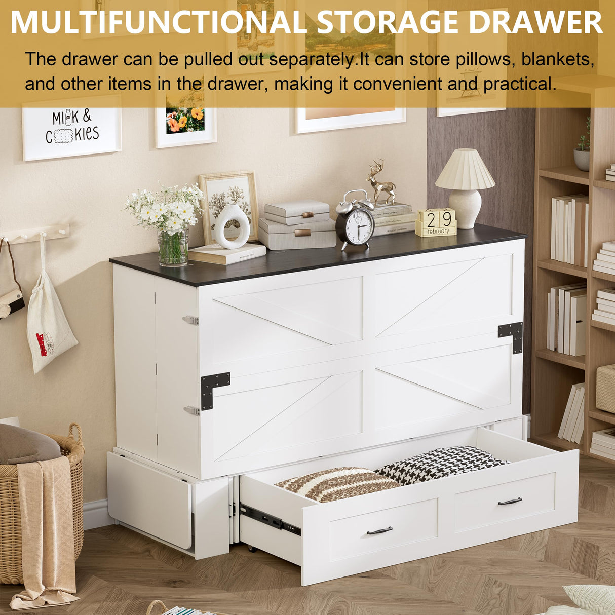 WJFORLION Murphy Bed Queen, Foldable Bed Murphy Cabinet with Storage & Charging Station, Bed Frame for Living Room, Guest Bedroom WJFORLION