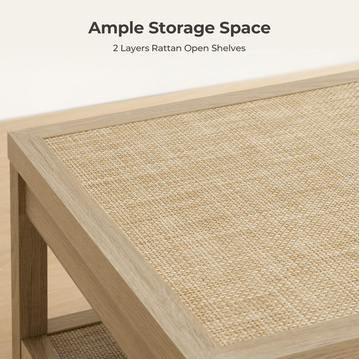 SICOTAS Rattan Coffee Table for Living Room - Boho Rectangular Dining Center Table with 2 -Tiers Rattan Storage Shelf, Farmhouse Accent Table for Living Room, Home Office, Light Oak SICOTAS