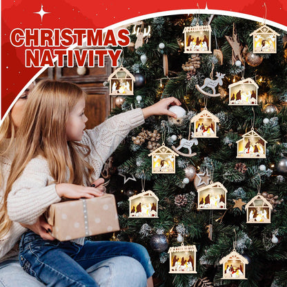 Anglechic 6 Pcs LED Nativity Scene Wooden Ornament 3D Christmas Religious Ornaments Rustic Light up Nativity Hanging Ornaments for Birth of Jesus Xmas Tree Christian Gift Holiday Party Decor(House)