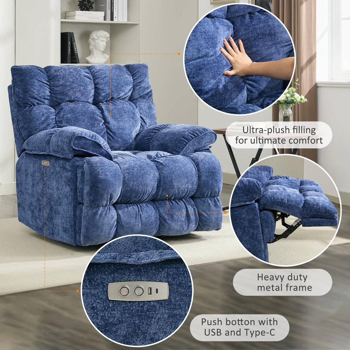 Pationate Oversized Rocker Recliner Chair,Power Swivel Recliner for Living Room,Overstuffed Extra Wide Rocking Recliners with Breathable Soft Fabric,Up to 350lbs (Power, Blue) Pationate