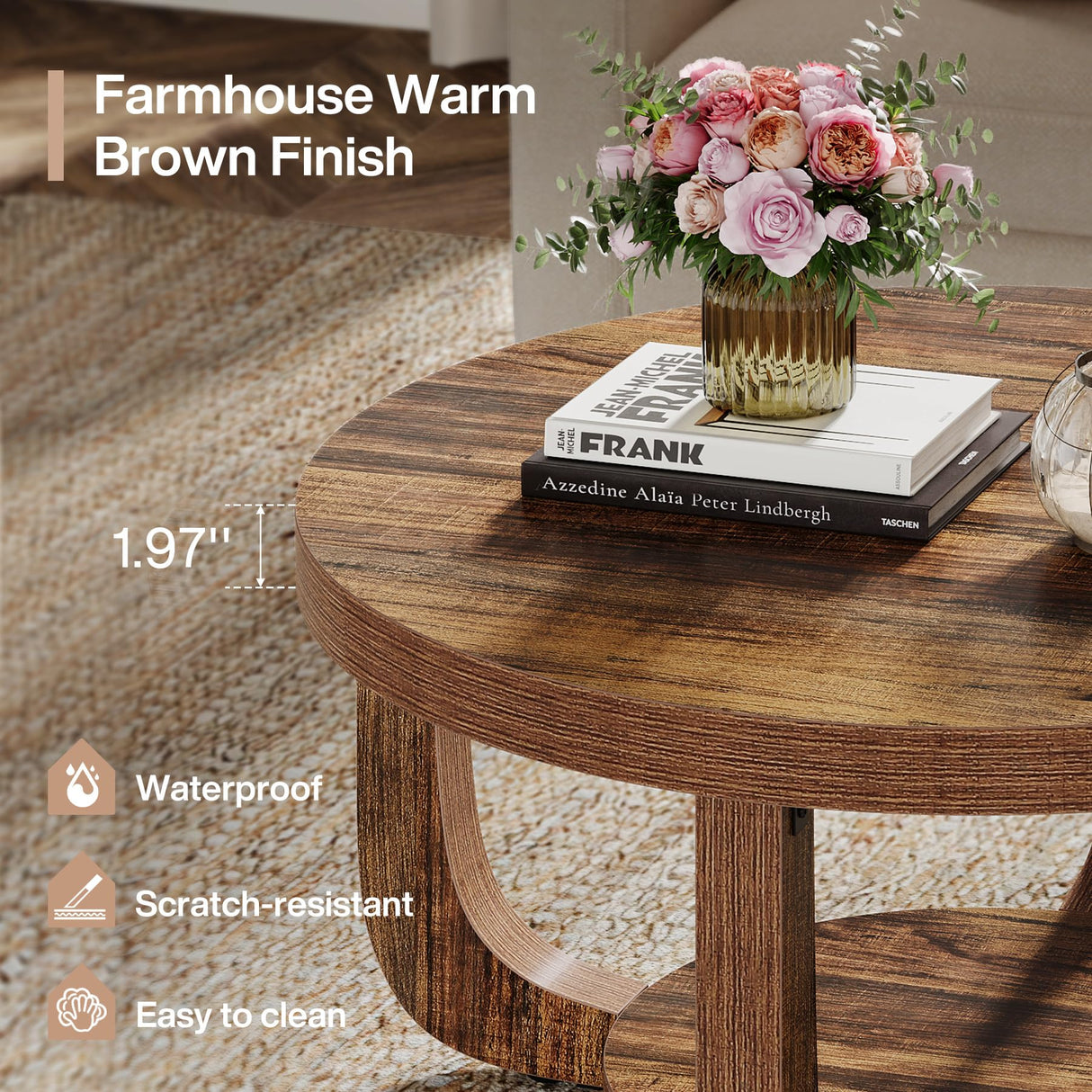 Tribesigns Round Coffee Table, 2-Tier Circle Coffee Table with Storage, Modern Wooden Accent Center Table for Living Room, Thick Tabletop & Base, Dark Brown Tribesigns