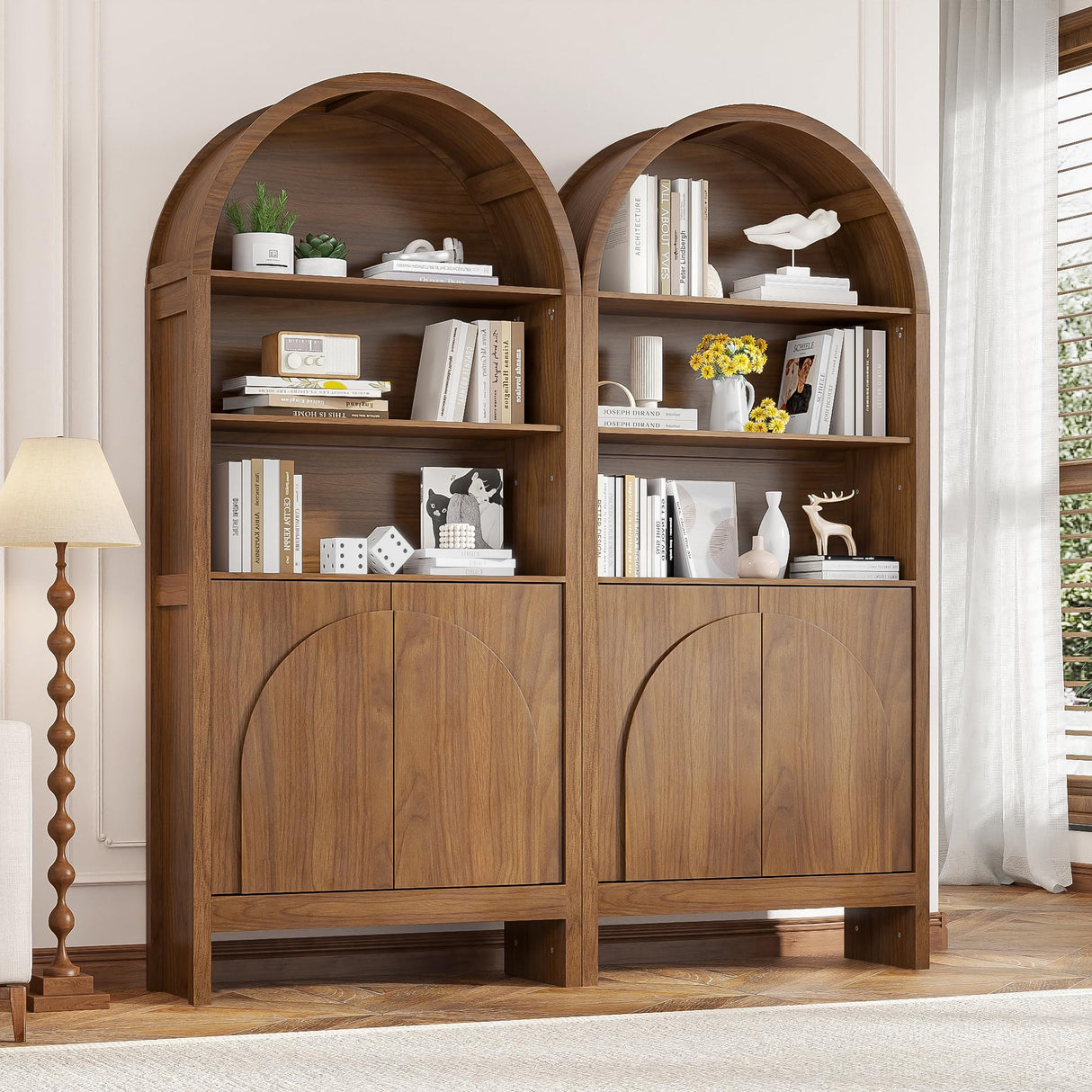 Mid Century Arched Bookcase, 5 Shelf Tall Book Shelf with Doors, 71 Inch Display Case Storage Cabinet, Large Library Arch Bookshelf, Wooden 5 Tier Book Case for Living Room, Office, Brown, Walnut Jluomei