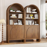 Mid Century Arched Bookcase, 5 Shelf Tall Book Shelf with Doors, 71 Inch Display Case Storage Cabinet, Large Library Arch Bookshelf, Wooden 5 Tier Book Case for Living Room, Office, Brown, Walnut Jluomei