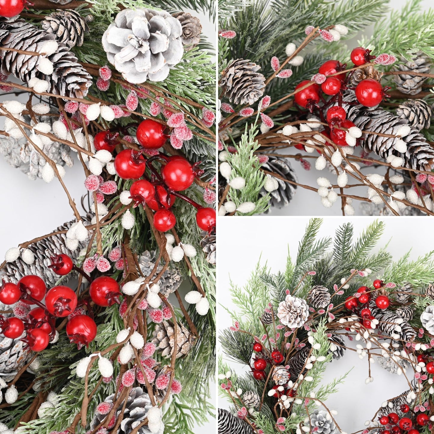 Christmas Wreath for Front Door, 24 inch Winter Wreaths with Natural Pine Cones, Red Berries,Spruce Branches,Xmas Indoor Outdoor Holiday Party Thanksgiving Decorations