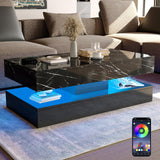 HOMFAMILIA LED Coffee Table with 2 Storage Drawers, Modern High Gloss Black Coffee Table w/20 Colors LED Lights, 2 Tiers Rectangle Center Table for Living Room with Marbling Print, APP Control, Black HOMFAMILIA