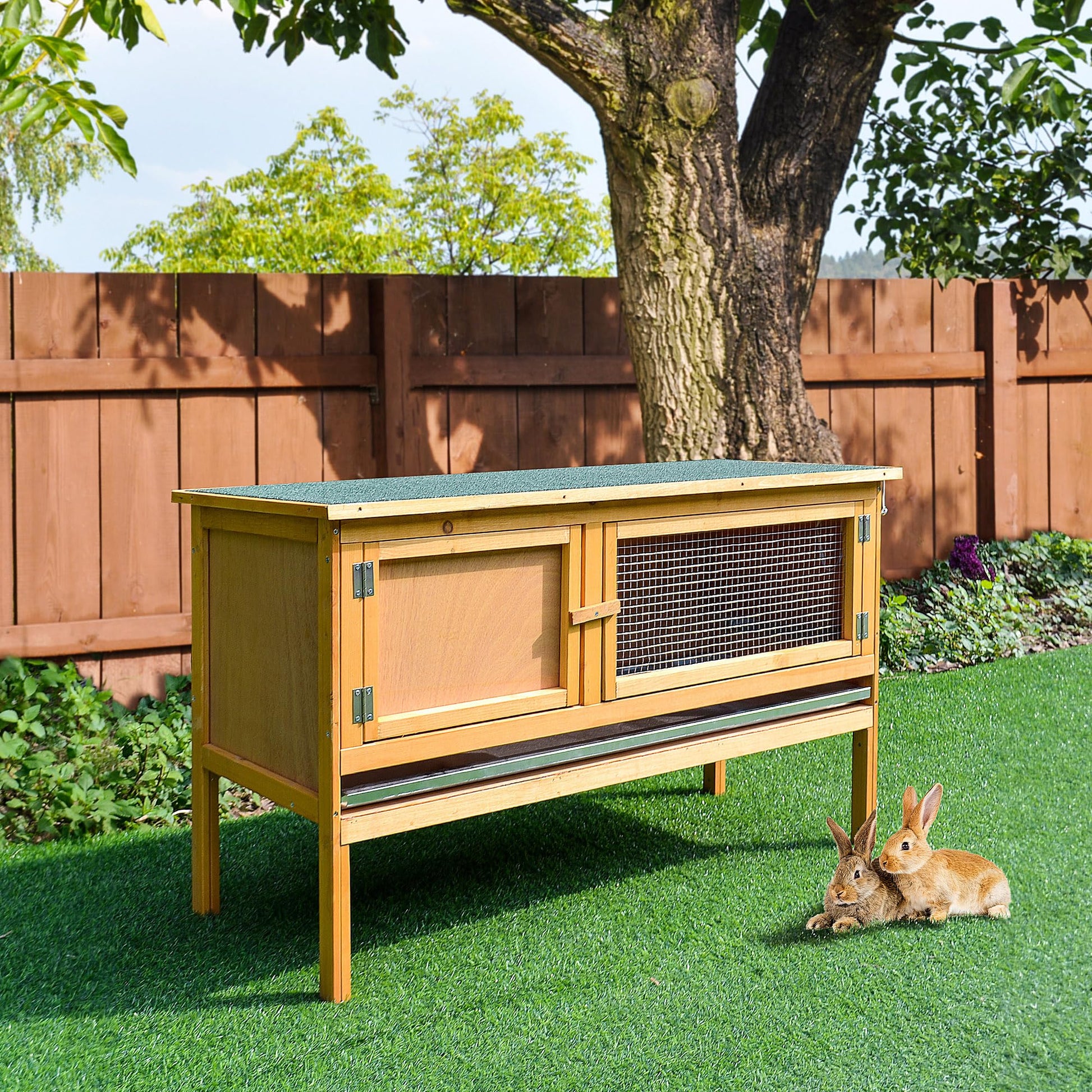 PawHut Wooden Rabbit Hutch Bunny Cage with Openable Waterproof Roof, No Leak Tray Sturdy Fir Wood Build for Indoor/Outdoor - WoodArtSupply