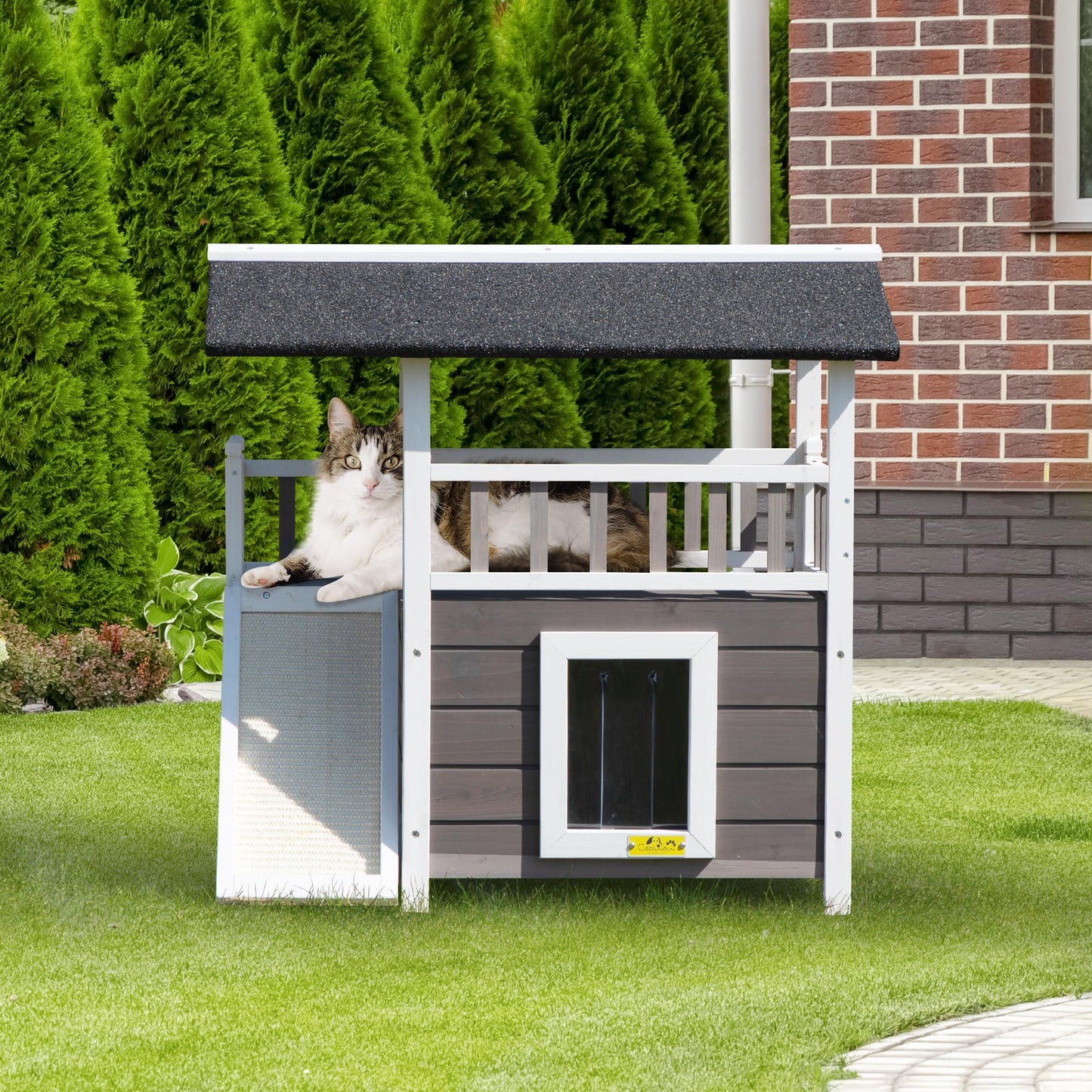 COZIWOW Outdoor Cat House, Wooden 2 Story Cat Scratcher House, Wood Cat Shelter Waterproof, Cat Enclosures Indoor with Openable Roof, Escape Door, Outside Cat Hideout for Feral Cats, Grey