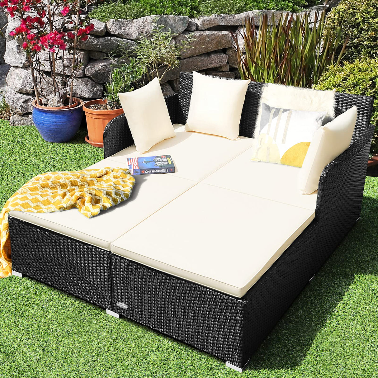 HAPPYGRILL Outdoor Daybed Rattan Wicker Patio Daybed with Padded Cushions Pillows and Sturdy Aluminum Foot, Patio Sofa Furniture Set for Garden Porch Poolside HAPPYGRILL