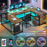 DWVO U Shaped Desk with Drawers, 79" Reversible L Shaped Desk with Power Outlets & LED Lights, Corner Computer Desk with Monitor Stand & Storage Shelves, Rustic Brown DWVO