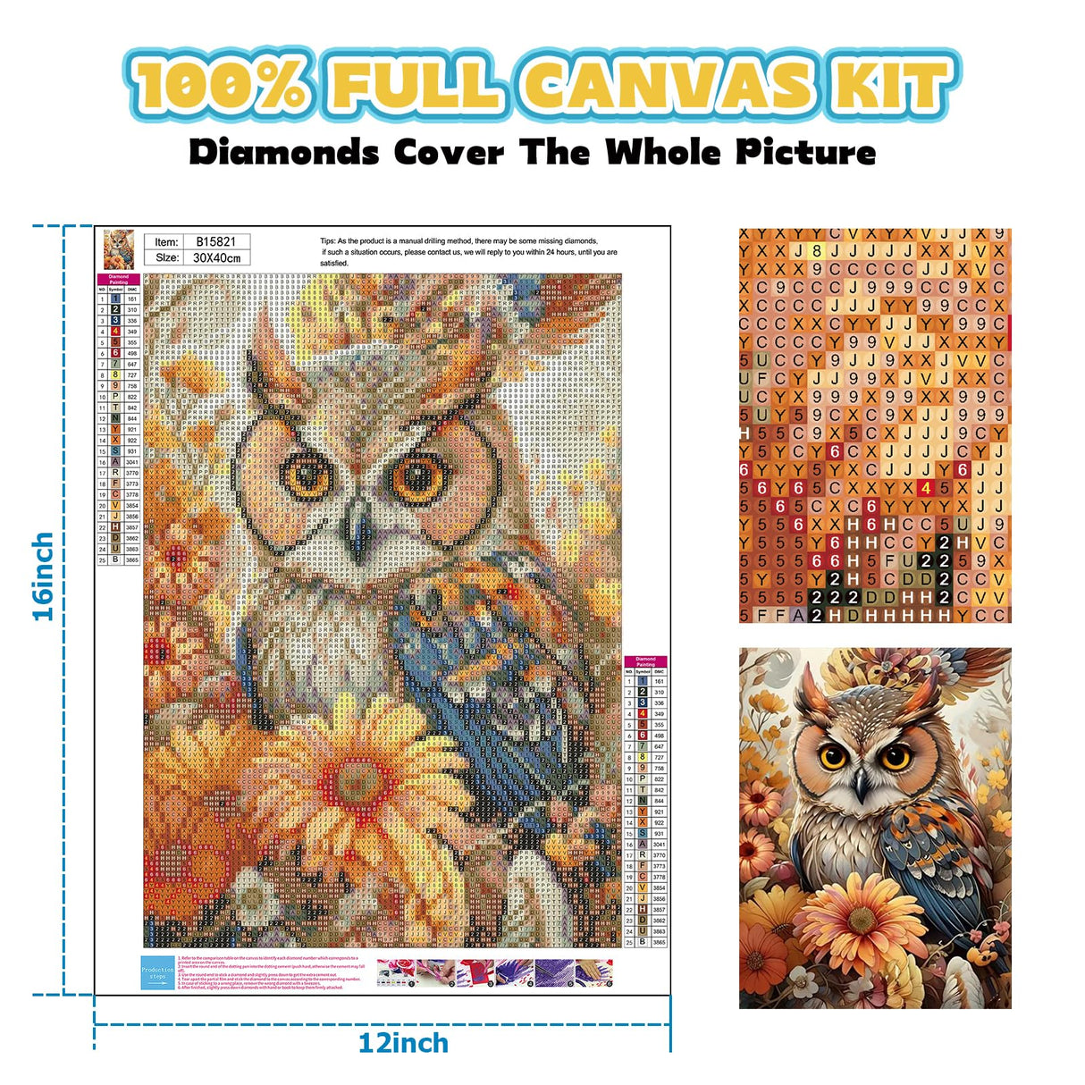 Owl Diamond Art Kits for Adults, DIY Full Drill Animal Diamond Painting Kit for Beginners, 5D Embroidery Craft Kits with Resin Gems, Home Decor Gift - 12x16 Inch Perycomly