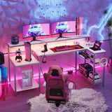 Bestier White Gaming Desk with Power Outlet, 71.5 LED Computer Desk with Monitor Stand, Large L Shaped Desk with Adjustable Shelf, Cup Holder & Headset Hooks, Corner Study Desk for Bedroom Bestier