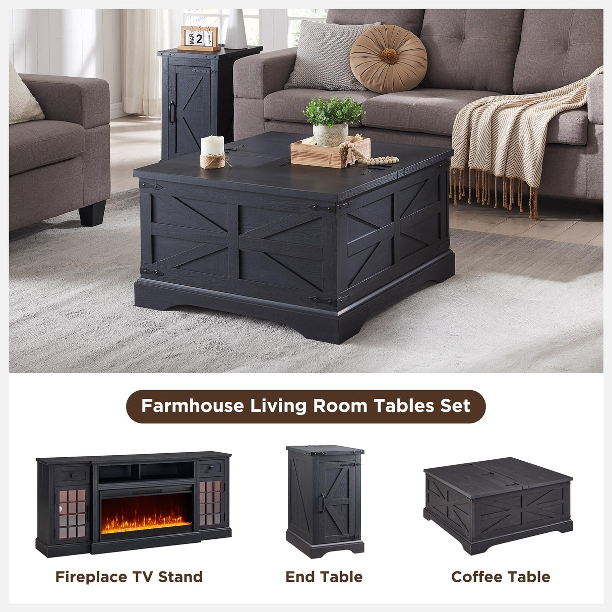 JXQTLINGMU Farmhouse Lift Top Coffee Table with Storage, 36" Wood Square Center Table with Large Hidden Compartment, Rustic Lift Tabletop Dining Table for Home Living Room, Black JXQTLINGMU