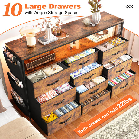 EnHomee Dresser TV Stand with 10 Drawers for 55" TV Stand for Bedroom with LED Lights & Power Outlets Wide Dresser for Bedroom with Shelves & Side Pockets Sturdy Metal Frame & Wood Top, Rustic Brown EnHomee