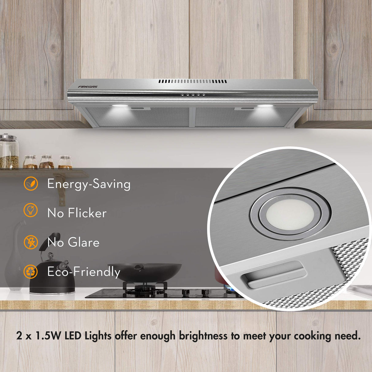 FIREGAS Under Cabinet Range Hood 30 inch, Ducted/Ductless Convertible Kitchen Hood Over Stove Vent, LED Light, 3 Speed Exhaust Fan, Reusable Aluminum Filters, Push Button, with Charcoal Filter FIREGAS