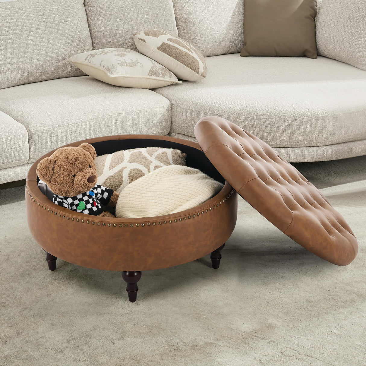 obmedin 31.5" Large Round Storage Ottoman, Upholstered Tufted PU Ottoman Coffee Table, Large Footrest with Solid Wooden Legs and Nailheads, Side Table for Living Room Bedroom Office, Brown obmedin