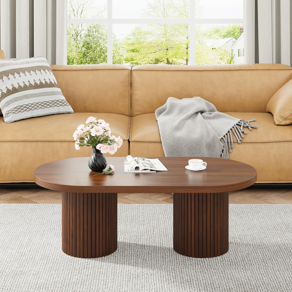 RUSTYER Oval Fluted Coffee Table, Farmhouse Wood Coffee Table Mid Century Modern Center Table Boho Living Room Tables for Living Room Office (Walnut, 19.69" D x 39.38" W x 13.78" H) RUSTYER