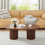 RUSTYER Oval Fluted Coffee Table, Farmhouse Wood Coffee Table Mid Century Modern Center Table Boho Living Room Tables for Living Room Office (Walnut, 19.69" D x 39.38" W x 13.78" H) RUSTYER