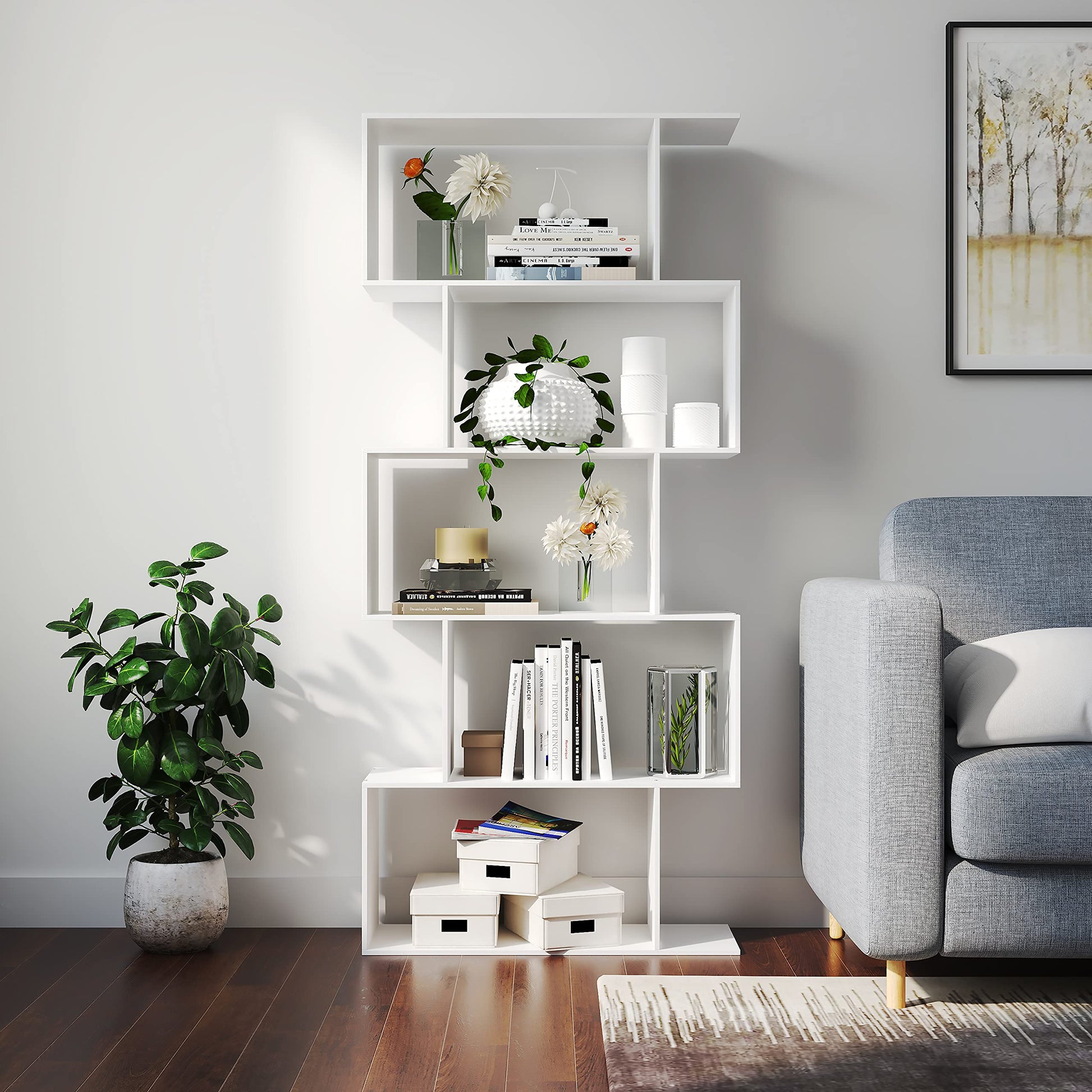 Yusong Modern 5-Tier Geometric Bookcase in White - Stylish S-Shaped Bookshelf for Home & Office - WoodArtSupply